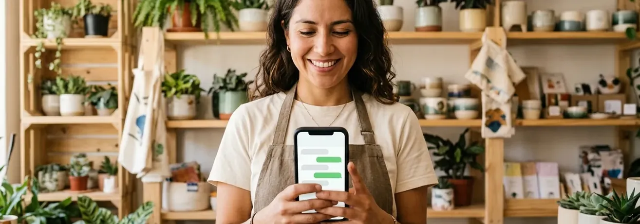 Joven emprendedora chilena modificando su tienda desde su móvil en su negocio