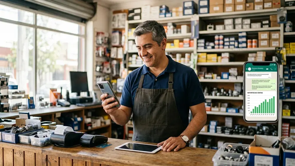 Dueño de tienda recibiendo el reporte de ventas de la semana por Telegram
