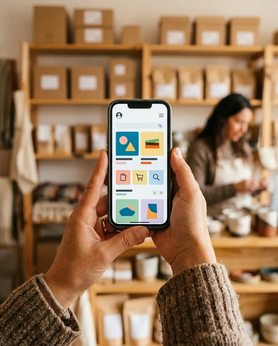 Primer plano de manos de comerciante usando el panel de administración de TiendaLista en celular
